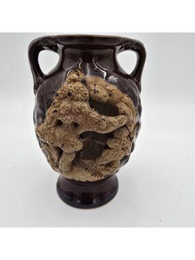 Vintage Ceramic Two-Handled Vase Sculpted Rustic Landscape Mid-Century